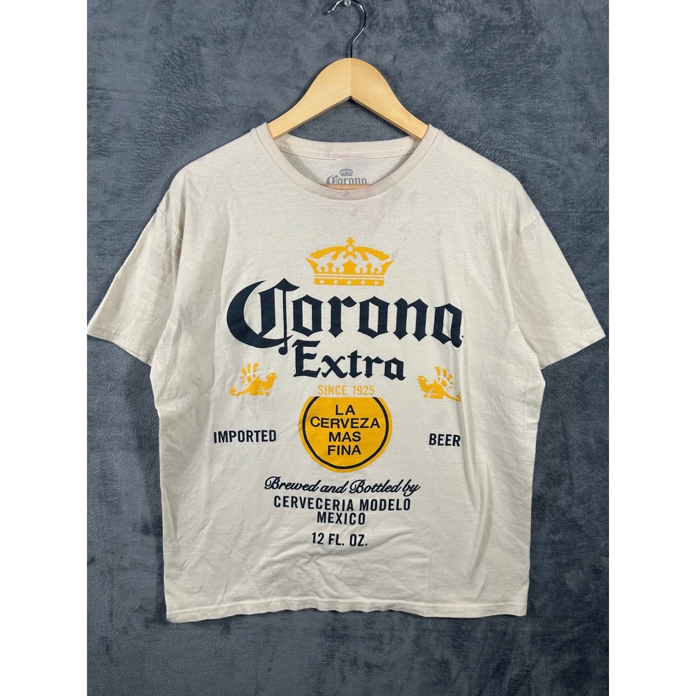 Corona Extra Beer Graphic T-Shirt Mens Large Cream Cotton Short Sleeve Tee